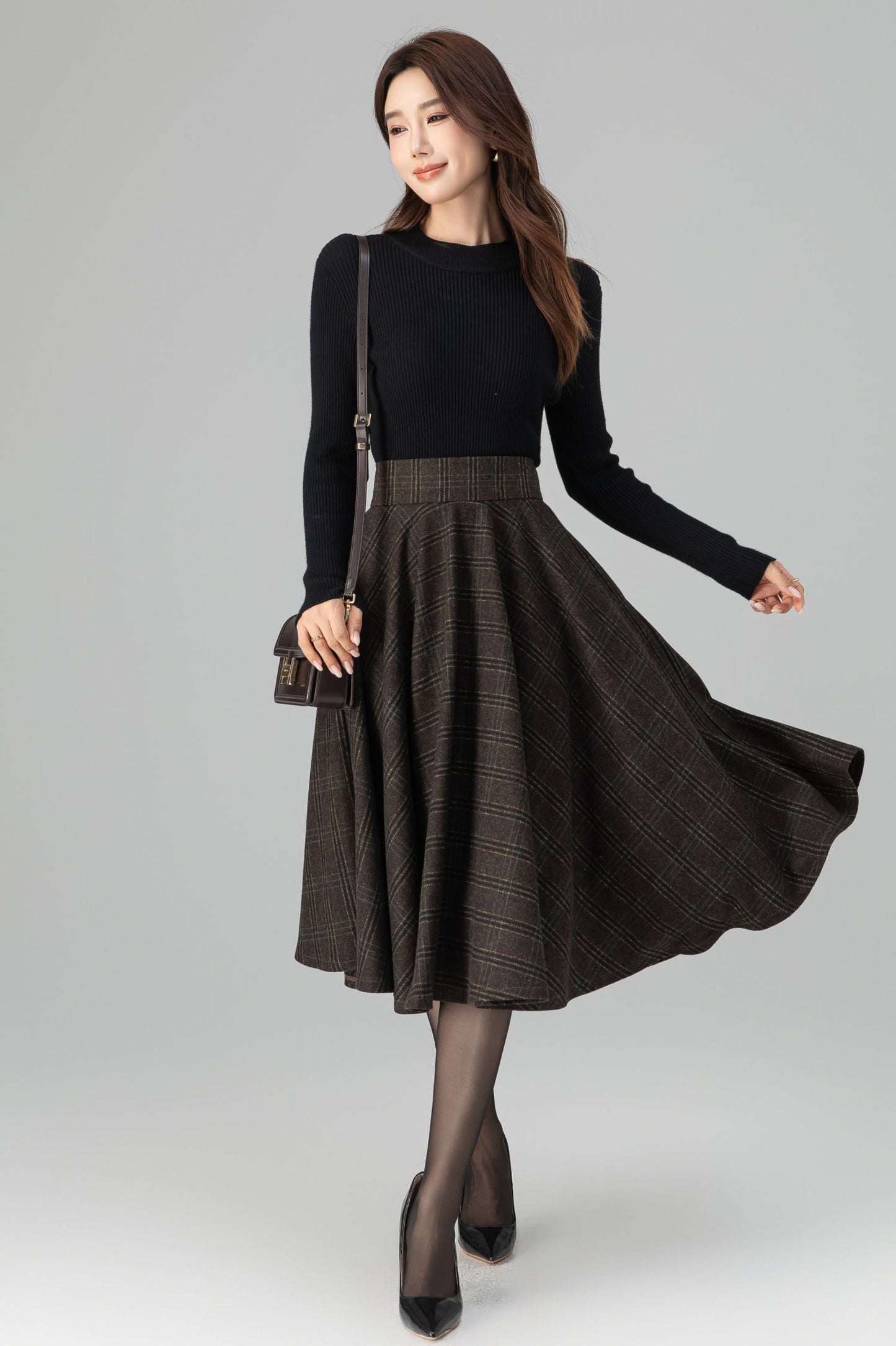 Classic Plaid Midi Skirt Dark Brown Wool – High-Waisted Circle – 6396