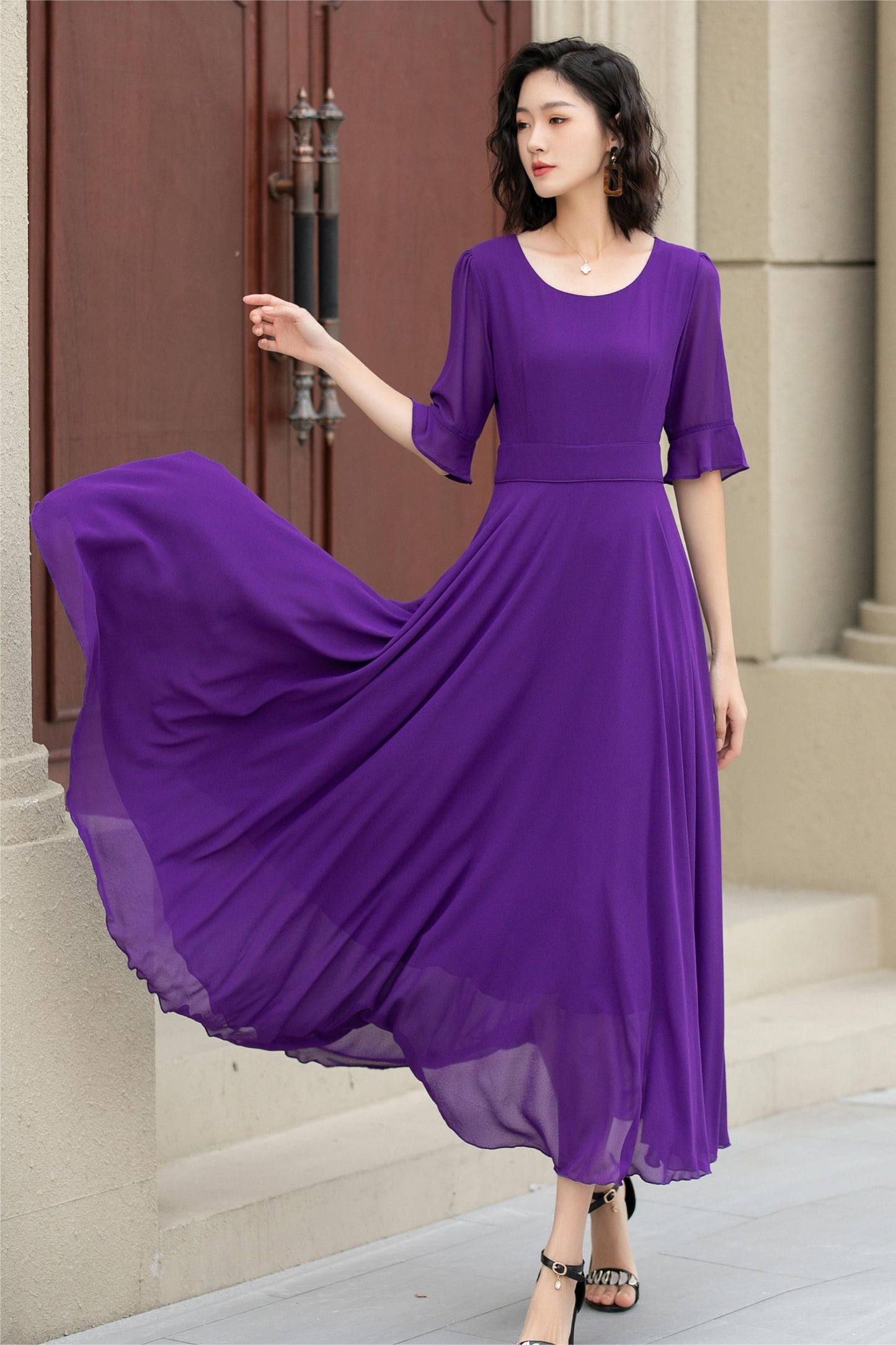 chiffon dress aic88 Chiffon Asymmetric Tiered Maxi Dress Layered Chiffon Abaya Purple / XL