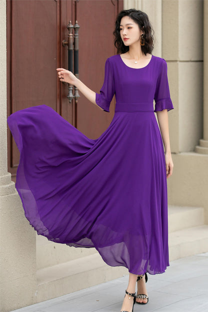 Purple Chiffon Maxi Dress - A-Line Silhouette with Flared Sleeves 5116