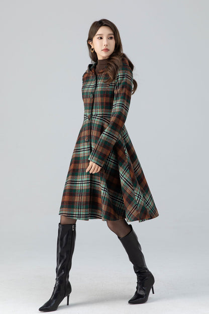 Plaid Wool Coat Midi Dress - Hooded Fit and Flare Winter Outerwear 4784