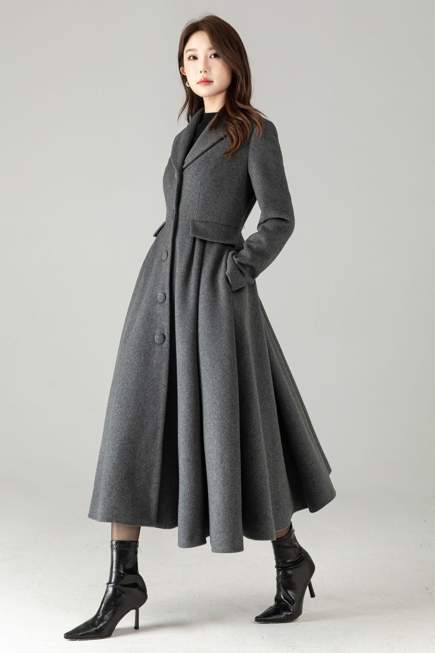 Gray Wool Maxi Coat – Single-Breasted Fit & Flare Long Winter Coat | Xiaolizi 6571