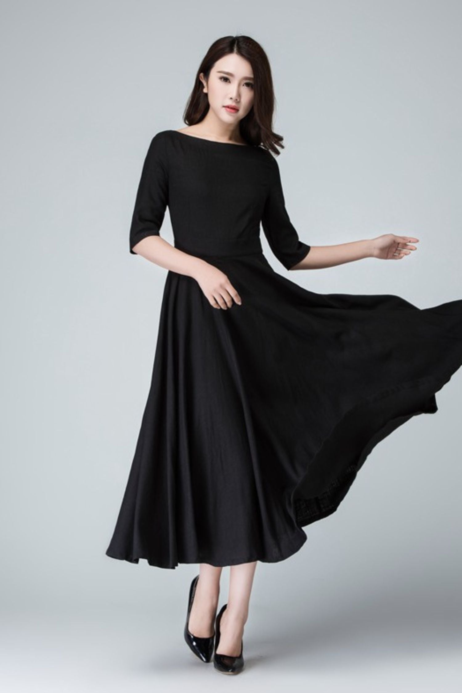 Black Linen Midi Dress Handmade Vintage Fit & Flare Little Black Dress with Pockets | Xiaolizi Black Linen Midi Dress Handmade Vintage Fit & Flare Little Black Dress with Pockets | Xiaolizi