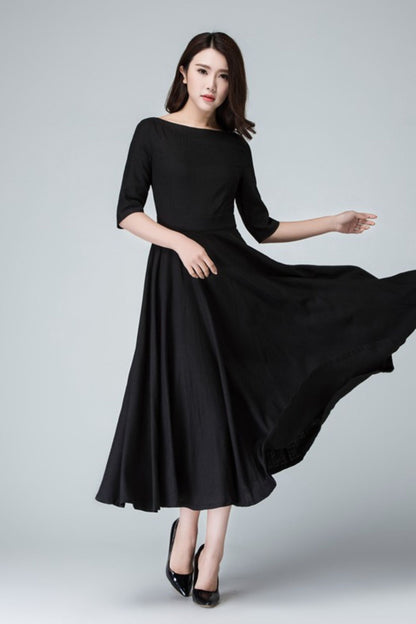 Black Linen Little Black Dress – Handmade Vintage Fit & Flare Midi Dress with Pockets | Xiaolizi 1458