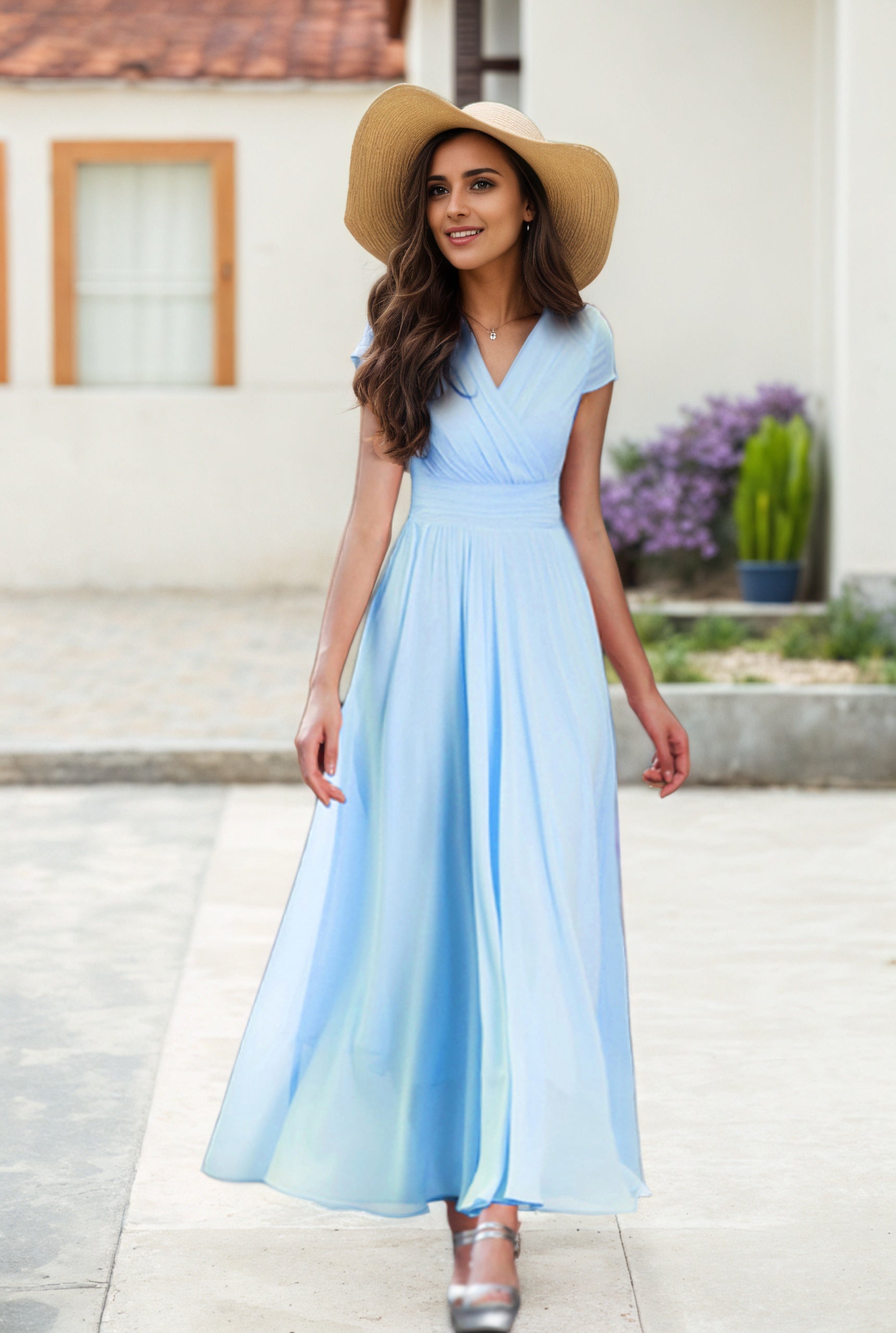 Chiffon Empire Waist Maxi Dress – Summer Party Gown 2618 Purple / M