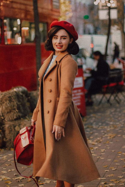 Camel Wool Double Breasted Coat - Fit and Flare Vintage Silhouette 2494