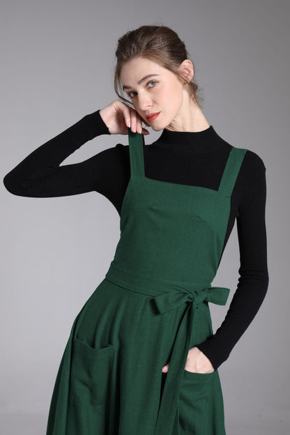 Green Linen Pinafore Dress – Handmade Midi Apron Dress 6673