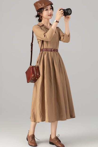 Khaki Linen Midi Shirt Dress - Pleated Fit and Flare Elegance 5707