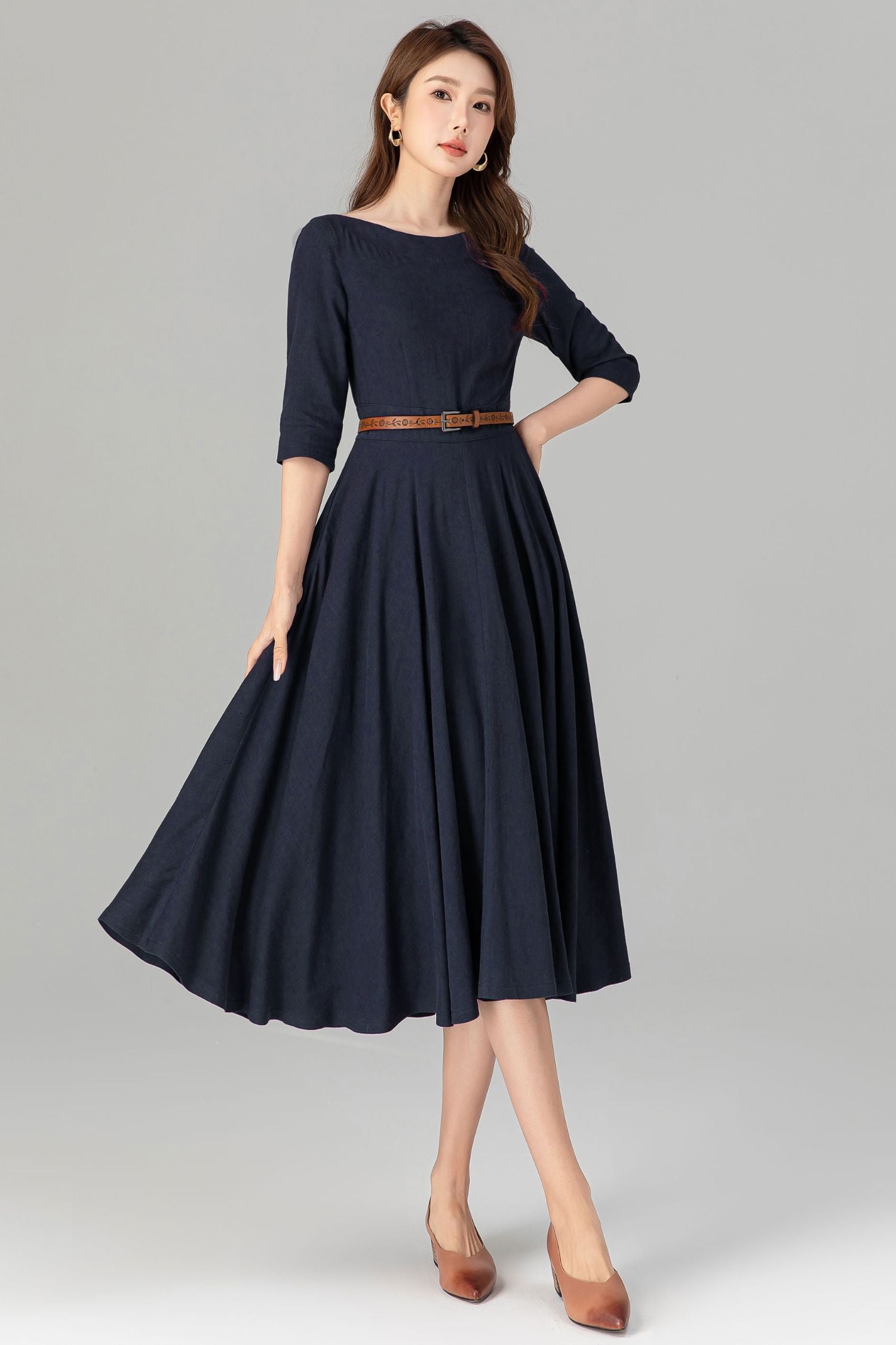 Navy Linen Midi Dress with Boat Neck – Vintage Fit & Flare French Style Dress Navy Linen Midi Dress with Boat Neck – Vintage Fit & Flare French Style Dress