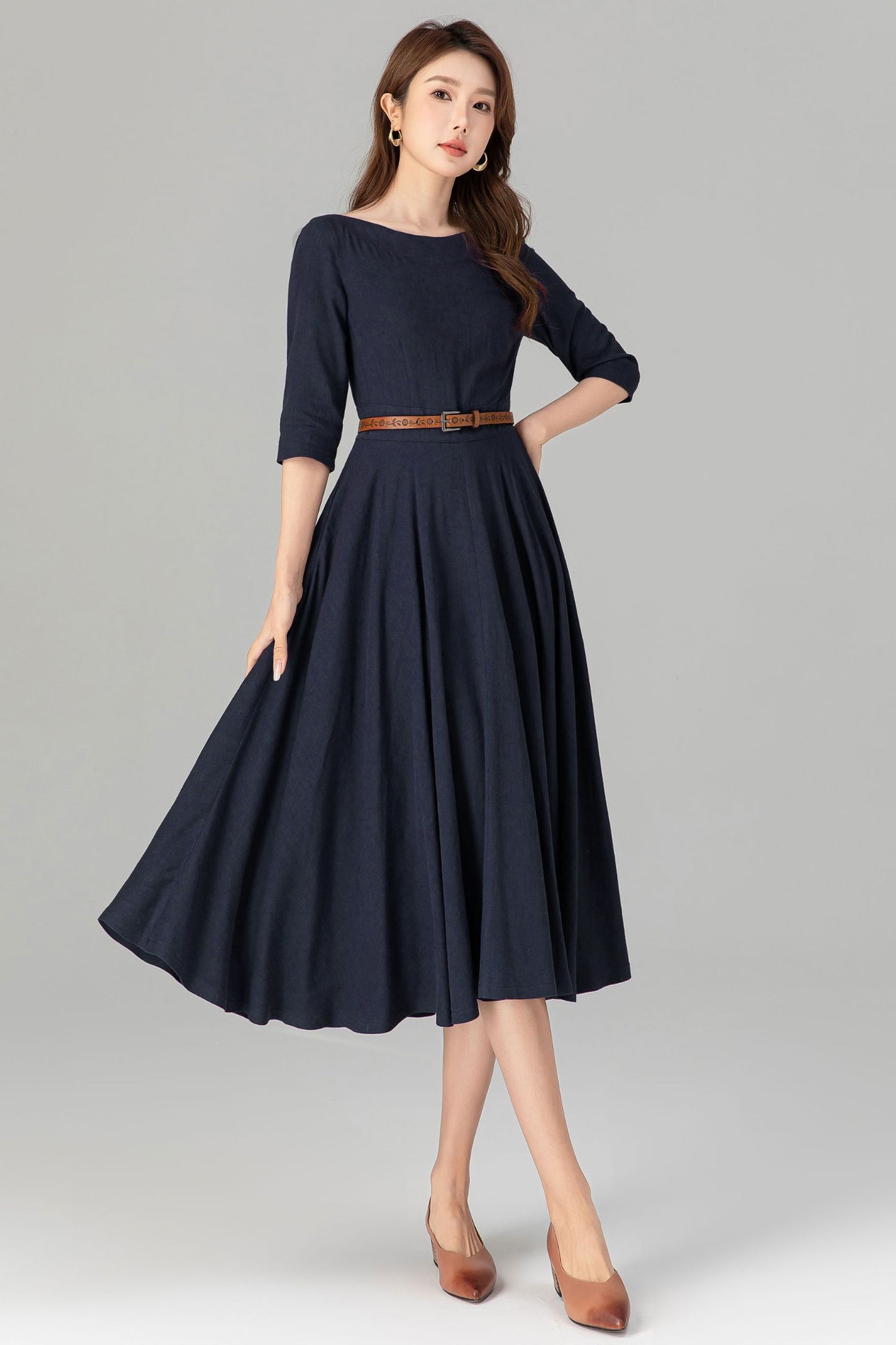 Fit and flare navy swing linen dress women 4906