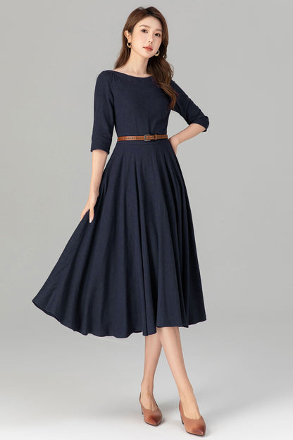Navy Blue Linen Midi Dress – Vintage Boat Neck Fit & Flare Dress with Pockets | Xiaolizi 4906