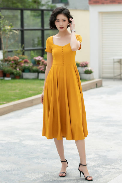 Linen Midi Dress for Women, Square Neckline | Xiaolizi 5981