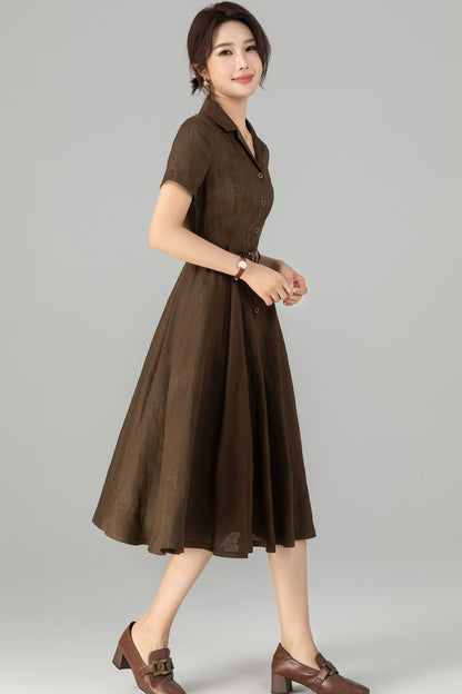 Coffee Linen Dress - Retro Midi Shirt Dress with Belted Waist 5711