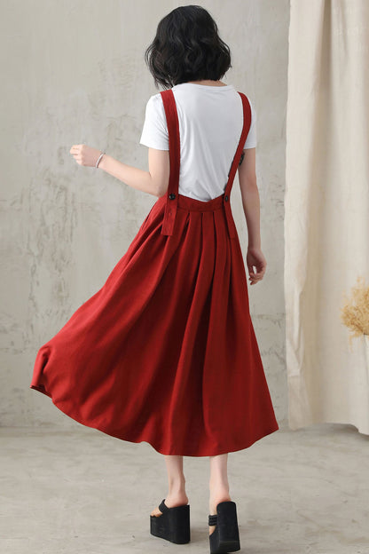 Red Linen Midi Pinafore Dress - Pleated Swing, Square Neckline 2823