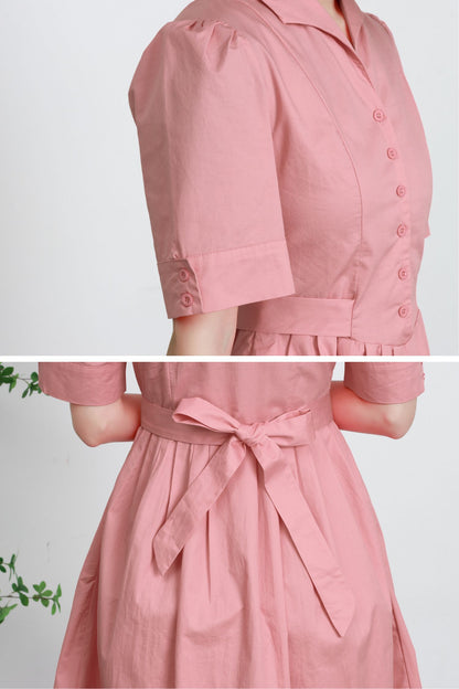 Pink Linen Cotton Midi Dress - Fit and Flare, Pleated Waist 5734