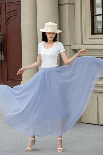Handmade Light Blue Chiffon Midi Skirt – Flowing A-Line Swing with Elastic Waist 5110