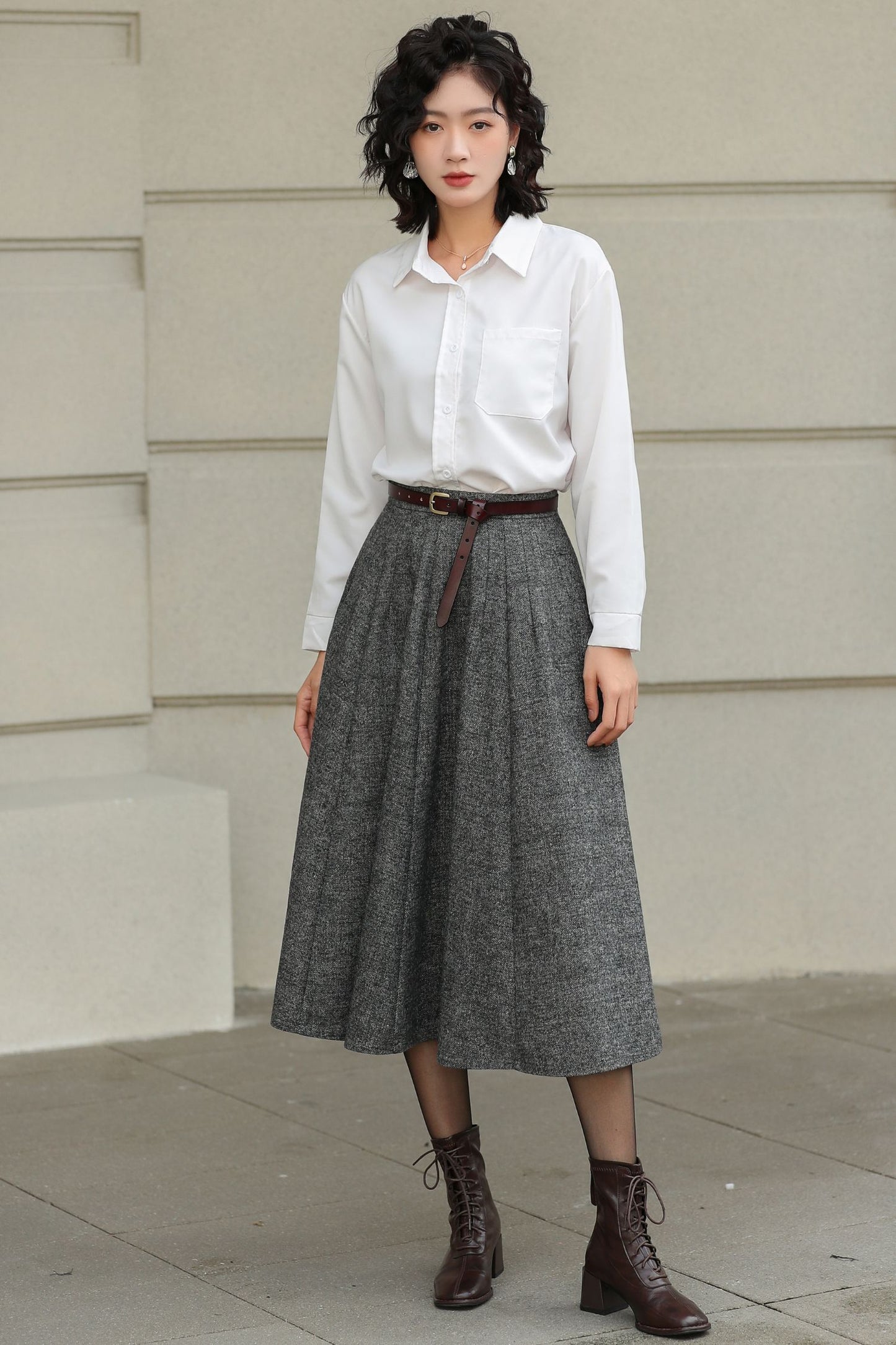 Grey Wool Pleated Midi Skirt - A-Line Silhouette with Pockets 6416