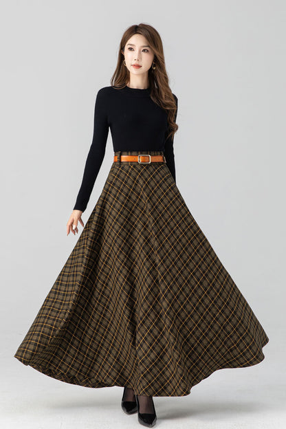 Handmade Brown Plaid Wool Maxi Skirt – High Waist Pleated Winter Long Skirt | Xiaolizi 4666