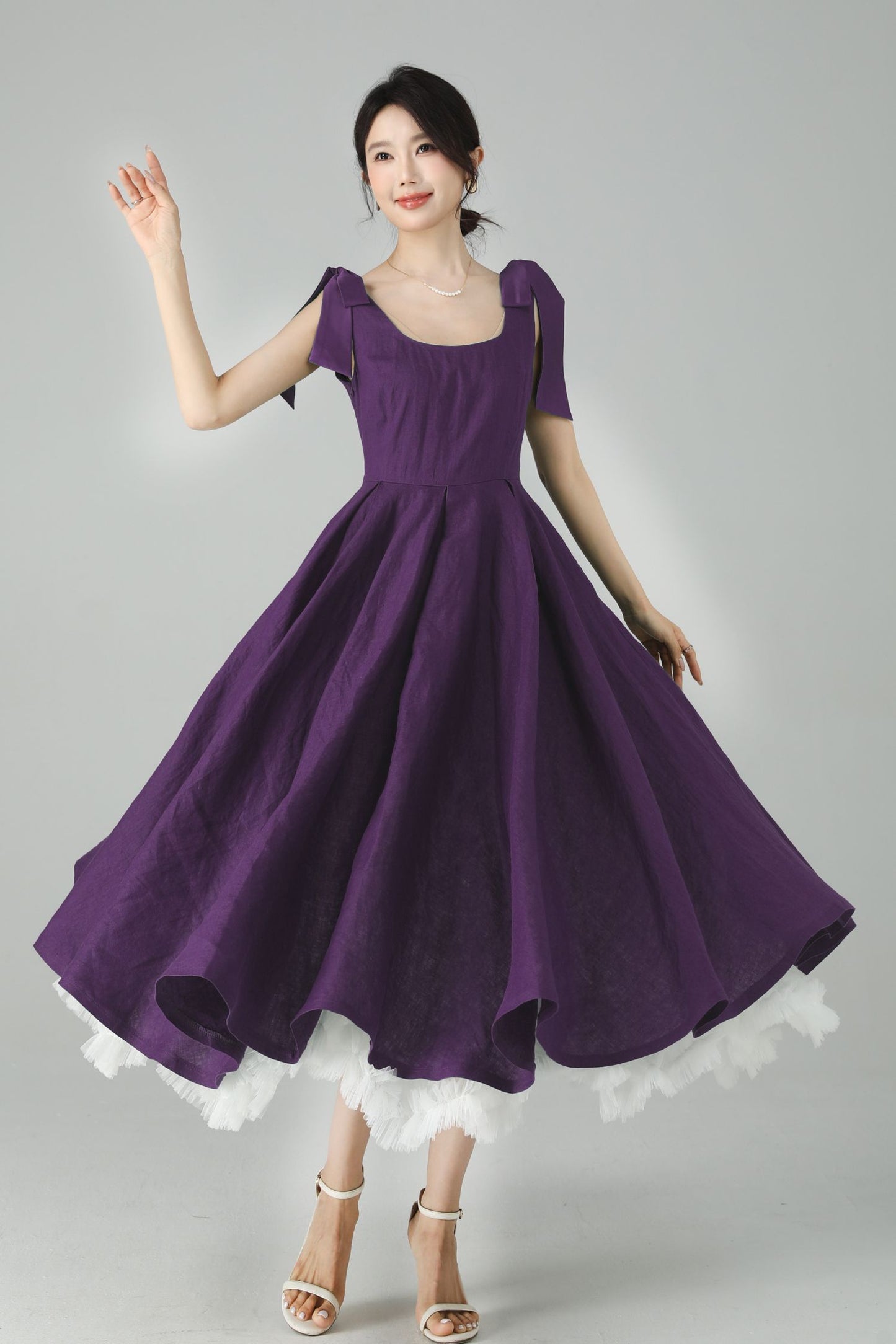 Purple Linen Midi Dress – Handmade Square Neck Fit-and-Flare Dress 6675