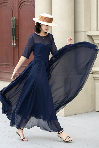 Fit and Flare Dark Blue Chiffon dress 5143