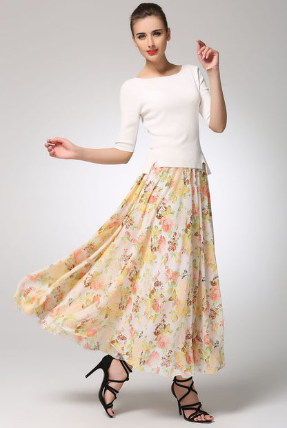 Floral Chiffon Maxi Skirt with Elastic Waist | Xiaolizi 1275