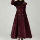 Hooded Burgundy Wool Coat – Elegant Double-Breasted Long Swing Coat | Xiaolizi 6573