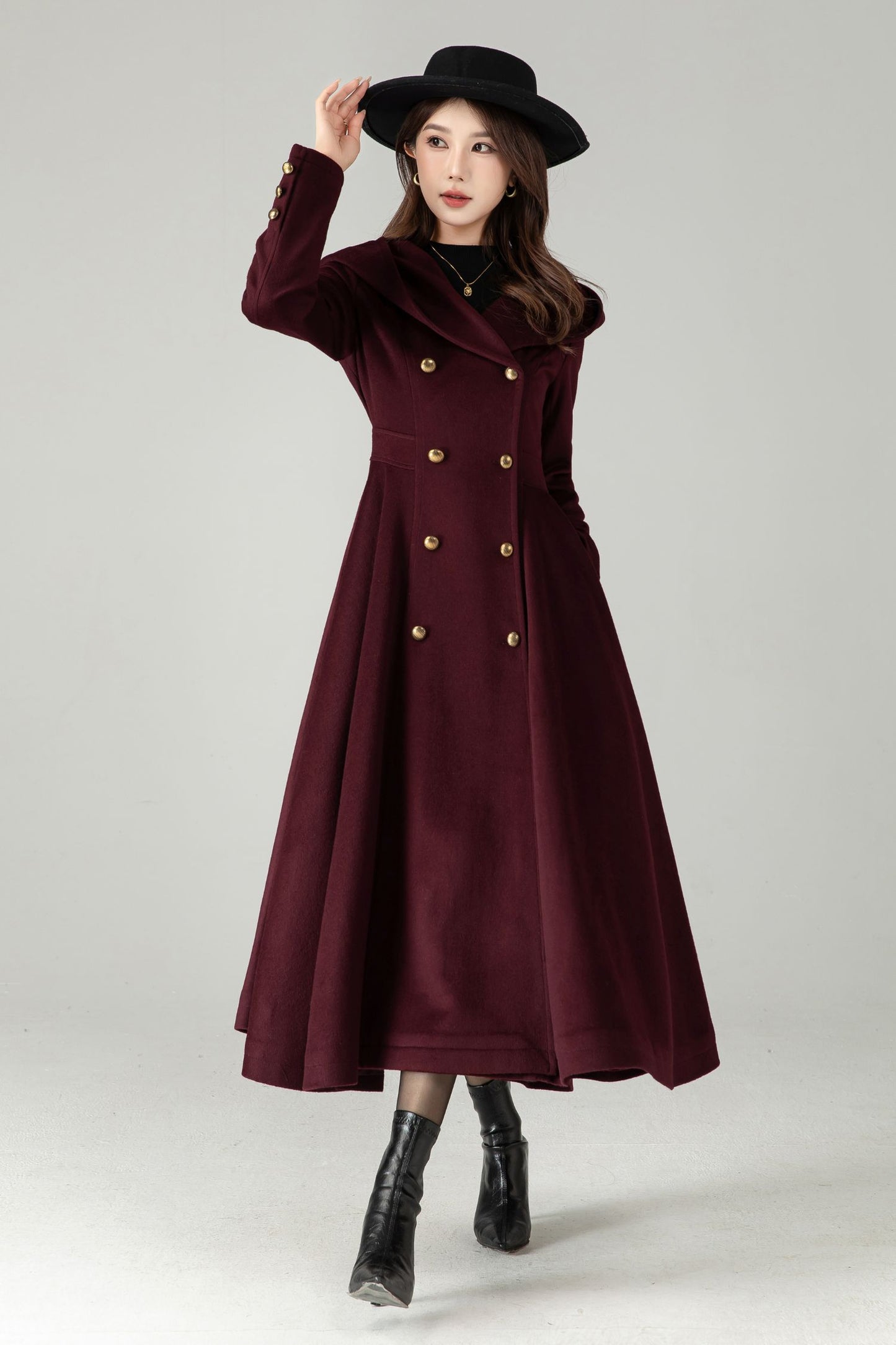 Hooded Burgundy Wool Coat – Elegant Double-Breasted Long Swing Coat | Xiaolizi 6573