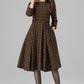 Brown Plaid Wool Dress – Vintage Fit & Flare Midi with 3/4 Sleeves | Xiaolizi 6393