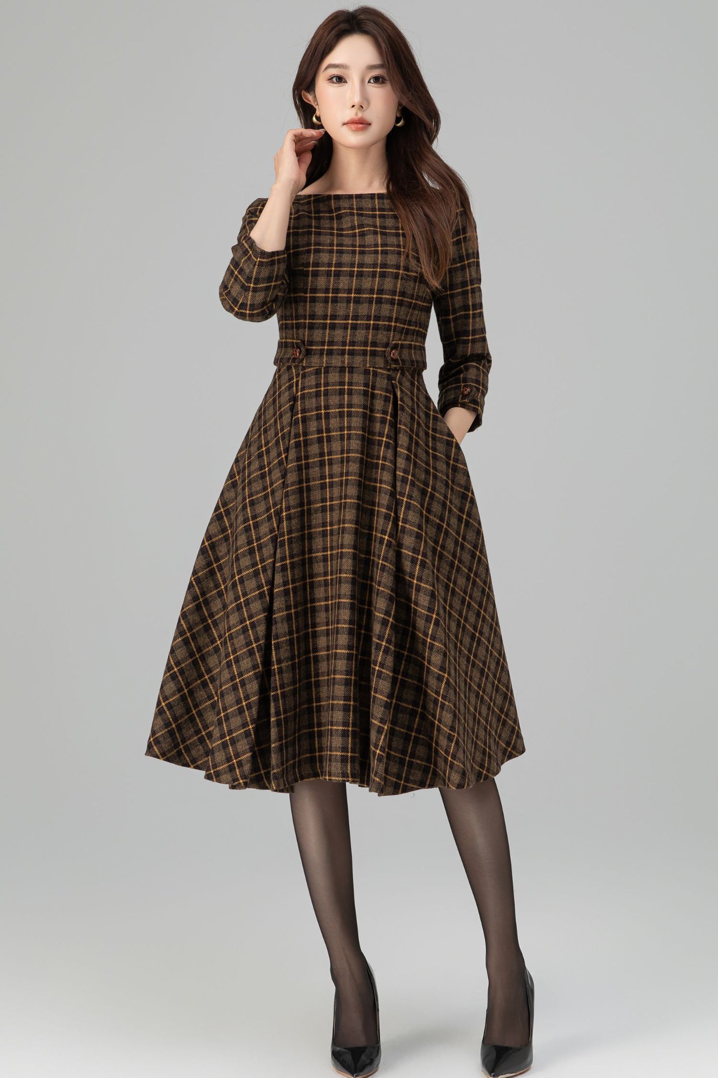 Brown Plaid Wool Dress – Vintage Fit & Flare Midi with 3/4 Sleeves | Xiaolizi 6393
