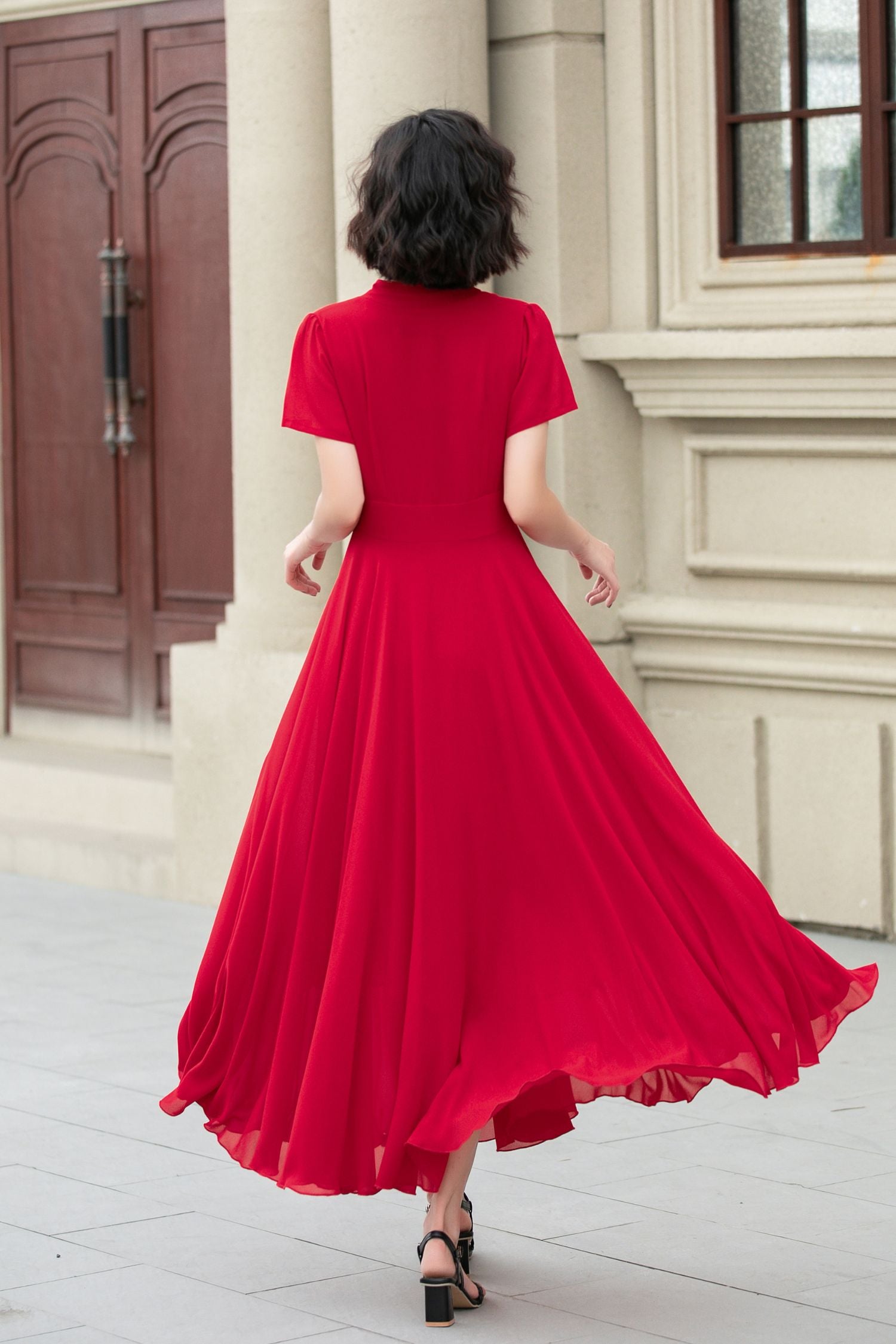 red chiffon dress Red Chiffon V-Neck Swing Dress - Midi A-Line