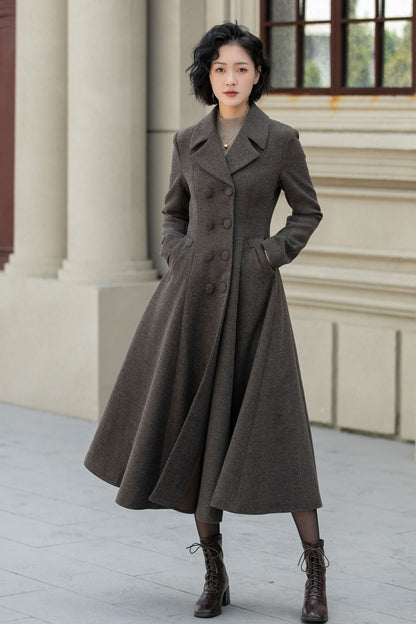 Chocolate Brown Wool Maxi Coat – Vintage Double Breasted Winter Overcoat 5460