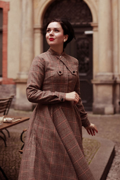 Brown Wool Plaid Dress - 1950s Fit & Flare Knee Length | Xiaolizi 2448