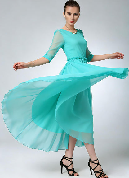Blue Chiffon Midi Dress – Ruffle Waist Elegance | Xiaolizi 6783