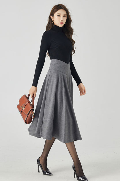 Handmade Deep Gray Wool Midi Skirt – Vintage V-Waist Circle Skirt for Winter Elegance 4534