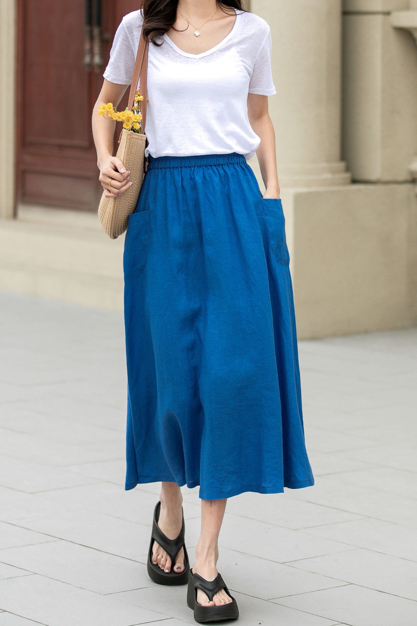 A line blue summer midi skirt with pockets 4956