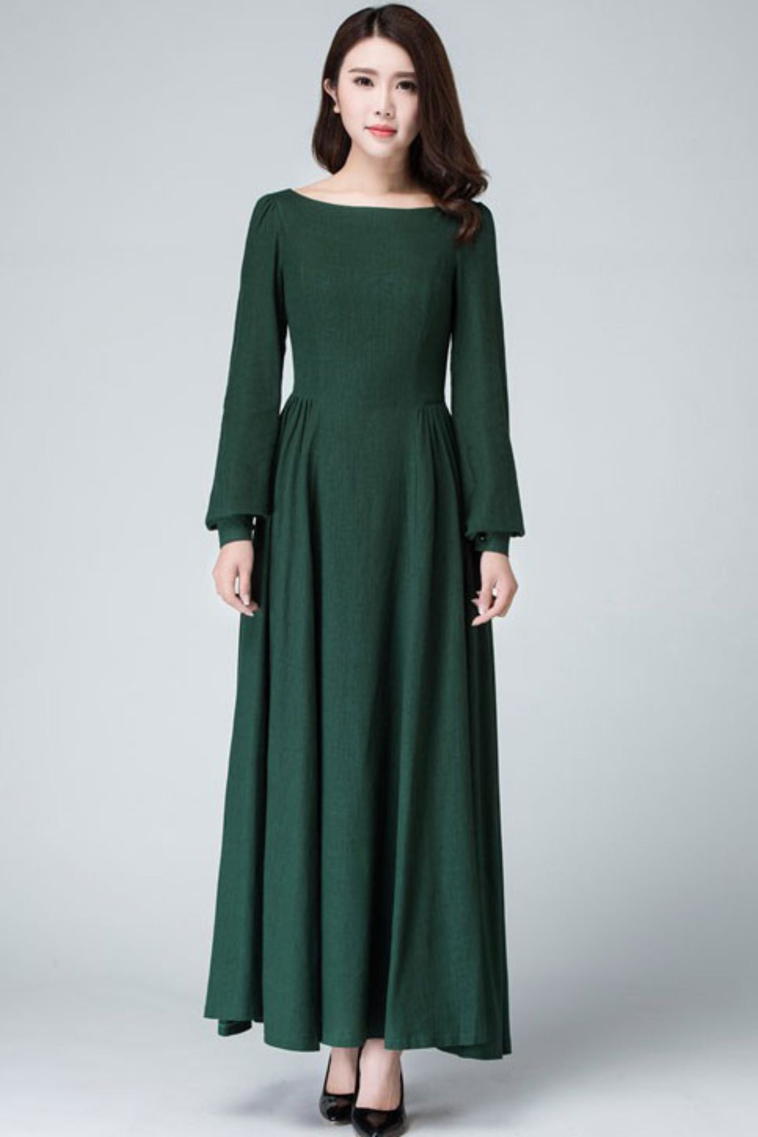 Dark Green Linen Cotton Maxi Dress Vintage Long Sleeve Boat Neck 1454 Emerald Green / XS Dark Green Linen Cotton Maxi Dress Vintage Long Sleeve Boat Neck 1454 Emerald Green / XS