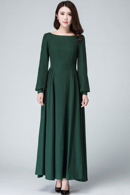Dark Green Linen Cotton Maxi Dress – Vintage Long Sleeve Boat Neck 1454 Emerald Green / XS