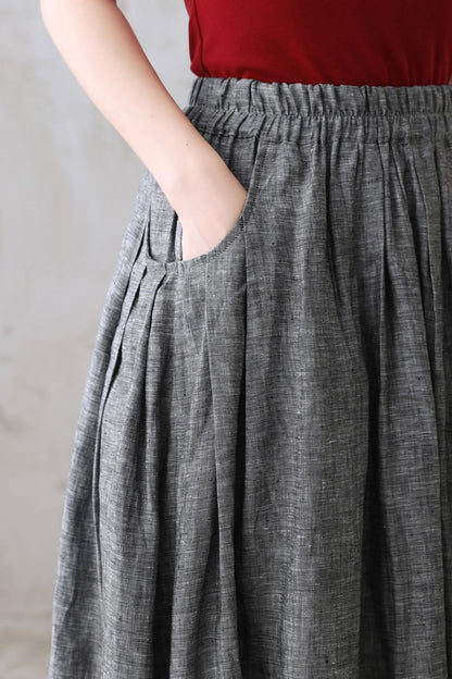 Grey Linen Cotton Maxi Skirt – Pleated Flare Skirt with Elastic Waist 2772