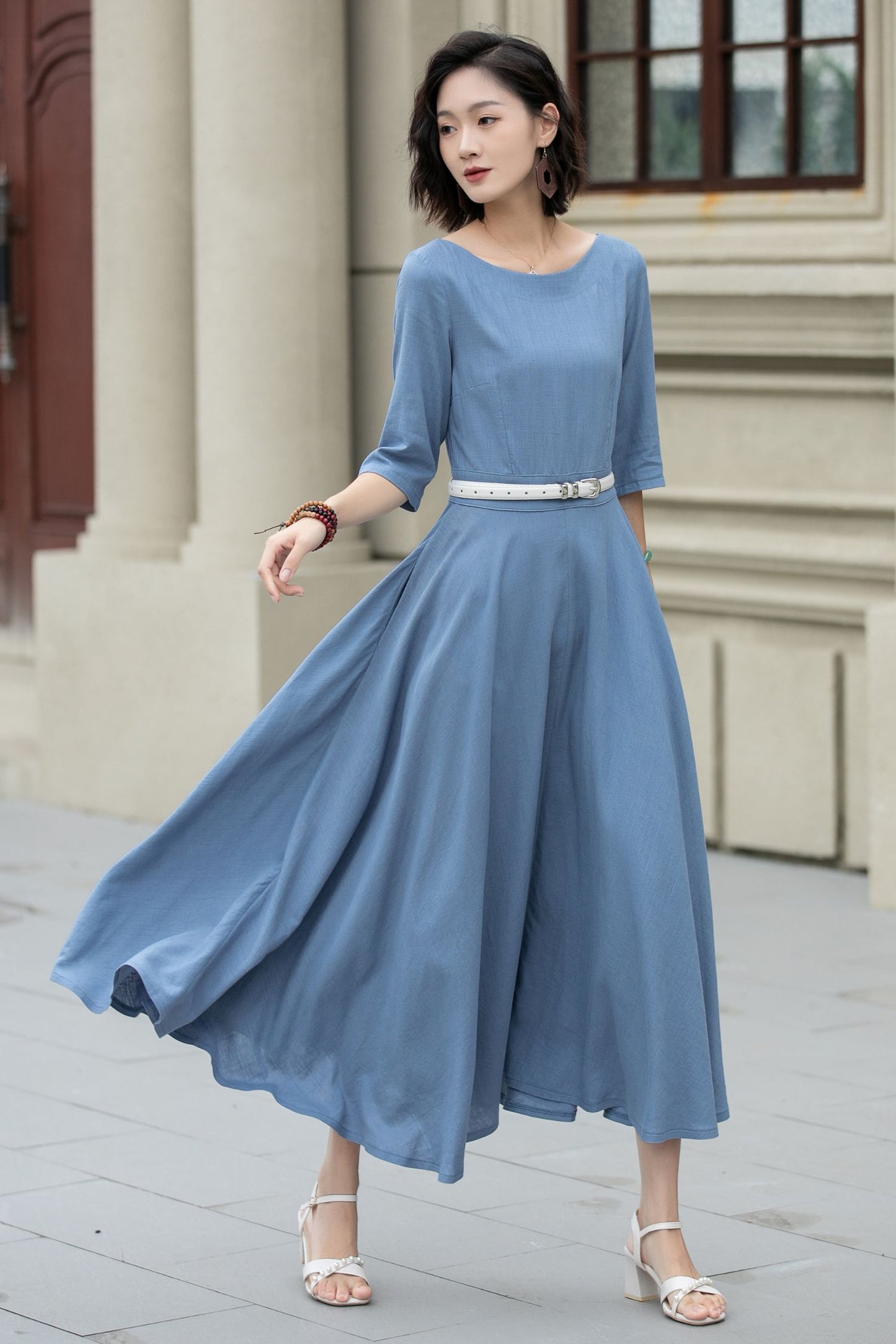 Fit and flare maxi swing linen dress women 5223