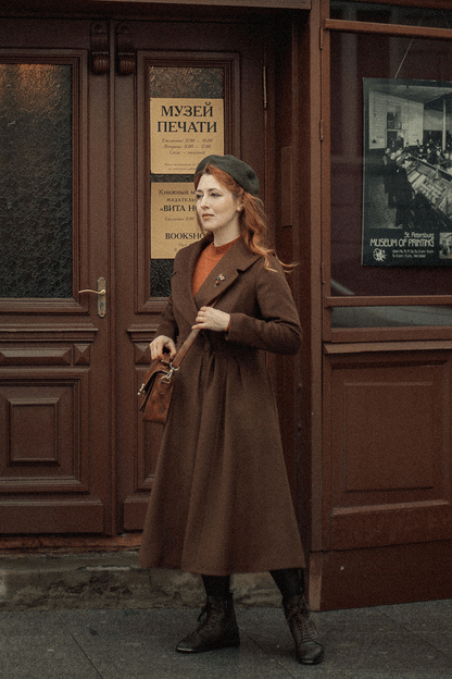 Brown Wool Blend Coat – Handmade Pleated Long Winter Dress Coat | Xiaolizi 4726