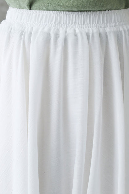 White Linen Maxi Swing Skirt, Pleated Elastic Waist | Xiaolizi 2748