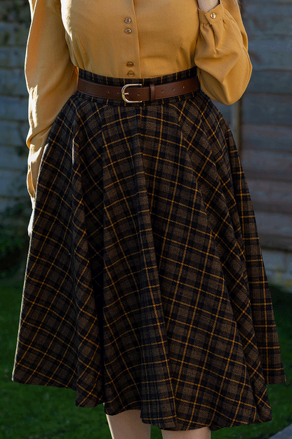 Black and Brown Wool Midi Circle Skirt - Plaid High Waist 4729
