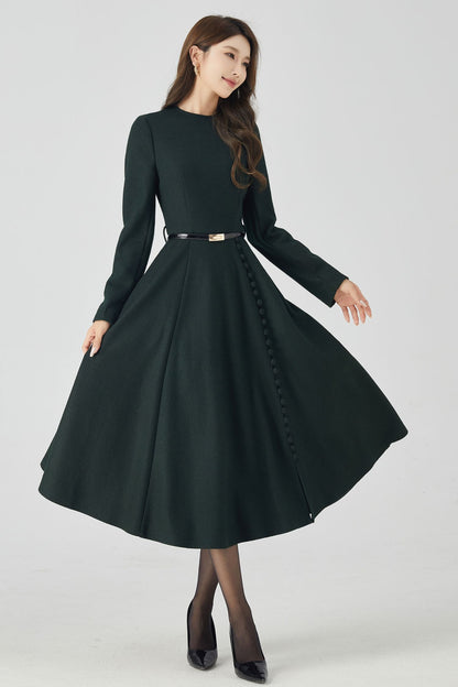Dark Green Winter Long Wool Dress 4522