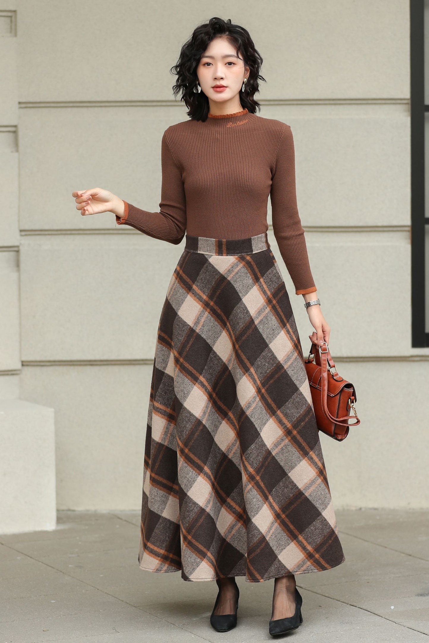 Plaid Wool A-Line Skirt – Brown Check Midi/Ankle Length, Handmade | Xiaolizi 6419