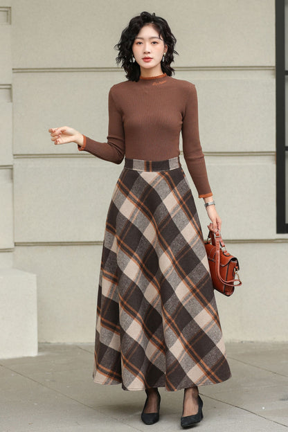 Plaid Wool A-Line Skirt – Brown Check Midi/Ankle Length, Handmade | Xiaolizi 6419