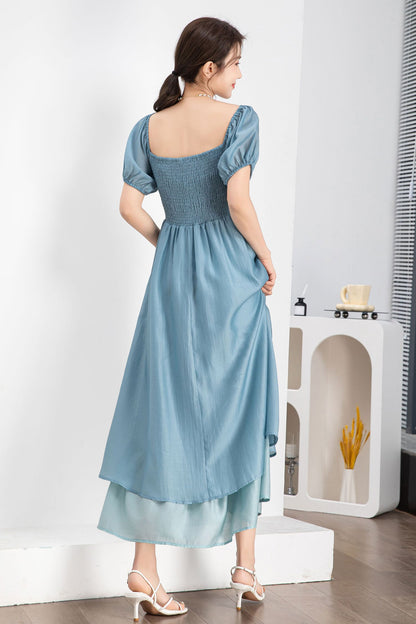 Light Blue Terylene Midi Dress - Square Neckline & Puff Sleeves 4244