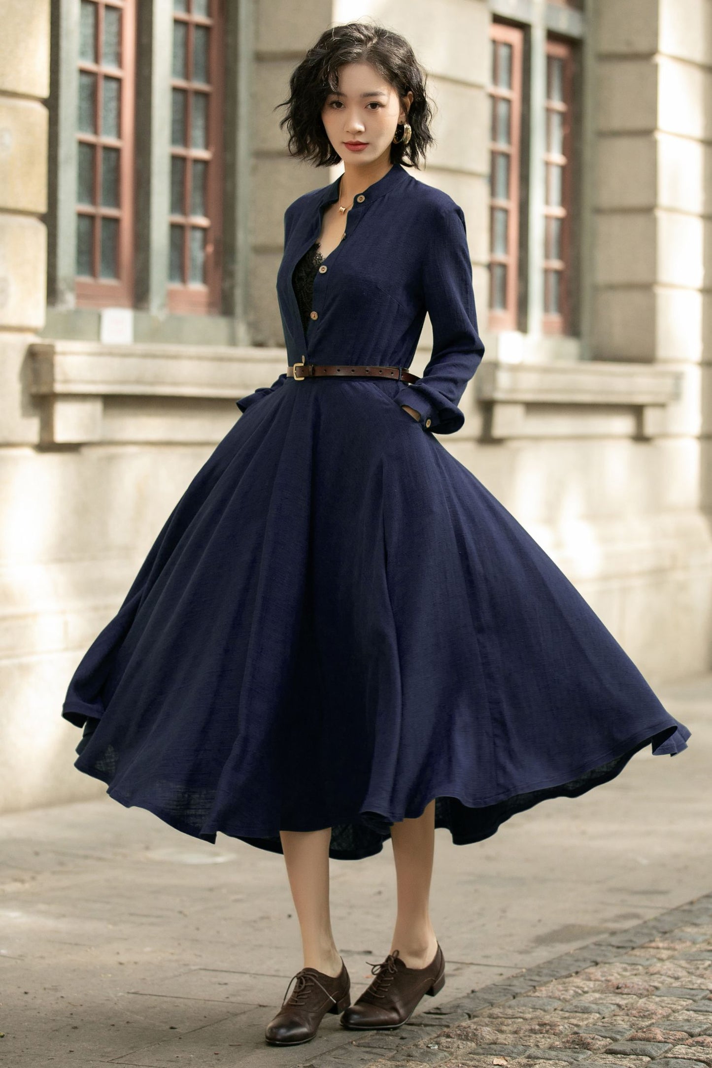 Navy Linen Midi Dress – Handmade Vintage A-Line Long Sleeve Button Dress 6671