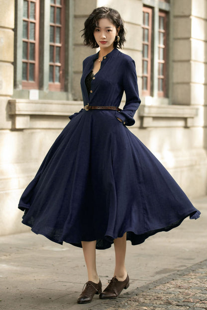 Navy Linen Midi Dress – Handmade Vintage A-Line Long Sleeve Button Dress 6671