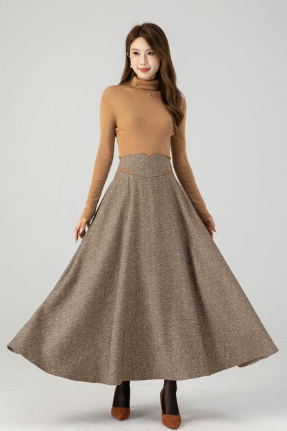 High waisted a line long wool skirt 4608