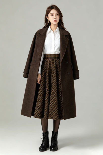 Vintage Brown Plaid Wool Swing Midi Skirt-High Waist Flared Skirt with Pockets 7013