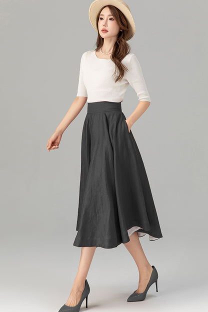 Grey Linen Midi Skirt - High Waist Flared Circle Swing | Xiaolizi 5728